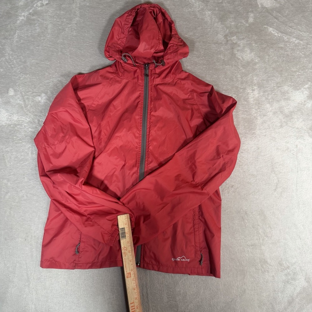 Eddie Bauer Rain Jacket Red Womens M Hooded Full Zip Windbreaker Coat Packable